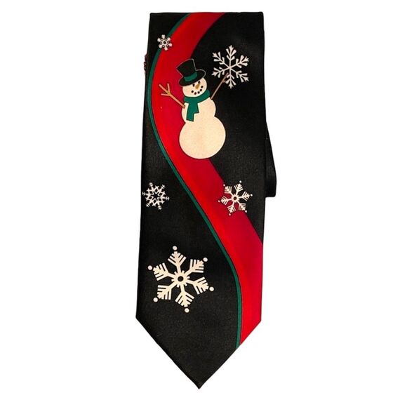 Hallmark Holiday Traditions Holiday Black & Red Snowman Snowflake Men’s‎ Tie - Picture 1 of 3